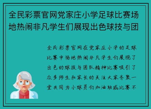 全民彩票官网党家庄小学足球比赛场地热闹非凡学生们展现出色球技与团队精神